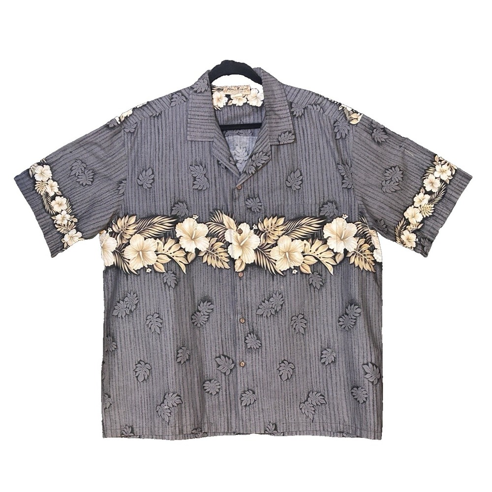 Winnie Fashion Shirt Mens 2X Large Grey Hawaiian Striped Floral Island VTG
